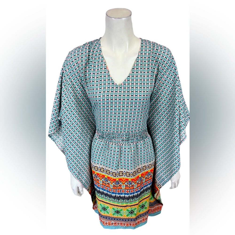 TOLANI BLUE FLOWY PATTERN V-NECKLINE BACKLESS SUMMER DRESS OR SWIMSUIT COVER UP